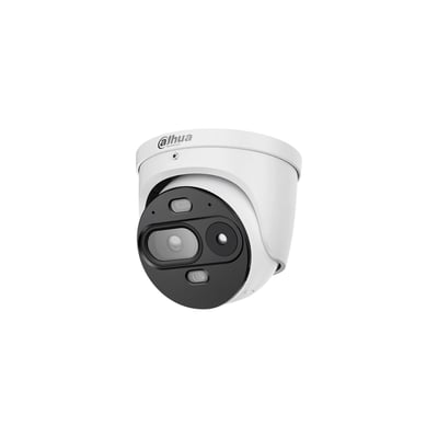 Dahua 4MP eyeball hybrid termisk overvågningskamera med temperaturmåling, set forfra og fra siden.