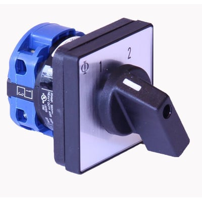 Kraus & Naimer omskifter, 1 polet, 20A, CA10 A220-600 E, med 4 huls 48x48mm front og sort drejehåndtag.