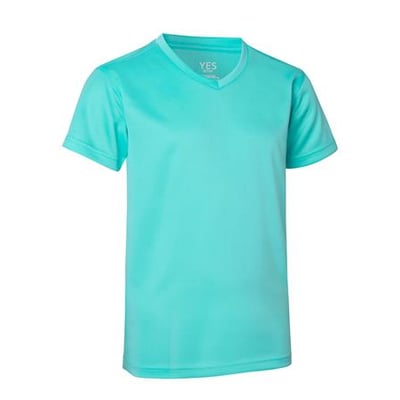 ID Identity Yes T-shirt til børn i mintgrøn med V-hals og korte ærmer, lavet af svedtransporterende og åndbart materiale.