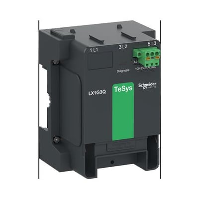 Schneider Electric kontrolmodul LX1G3Q til 3-polet kontaktor, 100-250V AC/DC, med grøn farvehighlight.