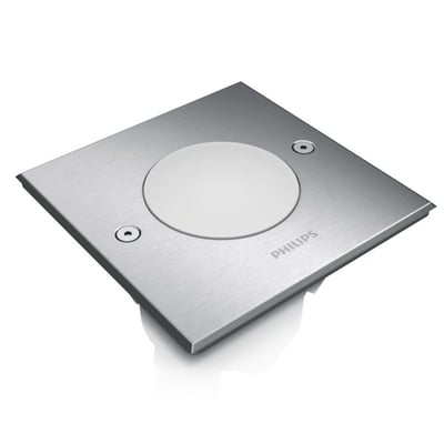 Top view af Philips myGarden Crust nedgravningsspot i børstet rustfrit stål med synligt Philips logo.