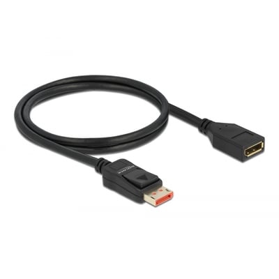 Sort DeLock DisplayPort-forlængerkabel på 1 meter, oprullet med både han- og hunstik synlige.