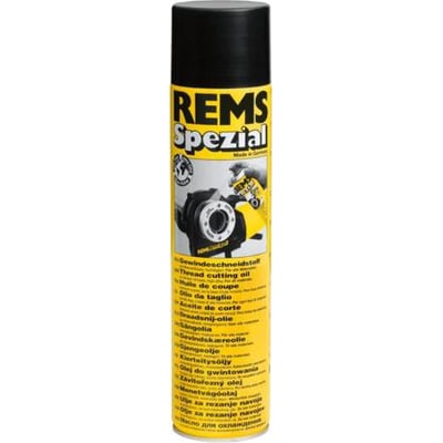 Rems Spezial gevindskæreolie spraydåse vist tæt på, med fokus på produktnavn og trykte instruktioner på flere sprog.