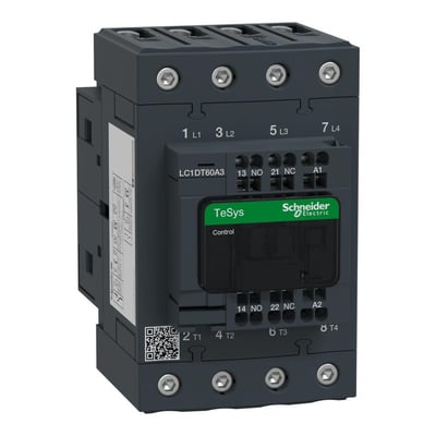 Schneider Electric TeSys D kontaktor 60A 4P 48VAC med 1 NO 1 NC kontakt, set fra en let skrå vinkel.