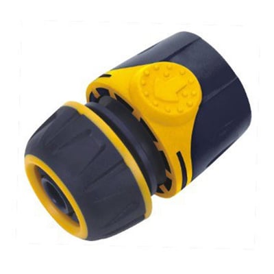 Ironside 2-komponent slangekobling til 1/2" (12,5 mm) slange, mørk med gule greb, set skråt forfra.
