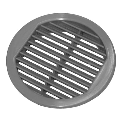 Fresh skabsrist i grå plast set fra en vinkel, med en udvendig diameter på 50 mm og diagonale lameller. Risten har en åben bagside for ventilation.