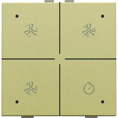Niko ventilationstryk med LED i guldfarvet finish og fire symboler, inklusiv timerfunktion og ventilator.