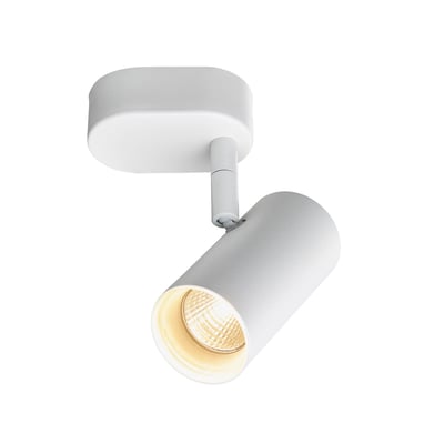 Detaljeret visning af SLV Noblo væg- og loftlampe i hvid, fremhæver spotens retning og mat finish.