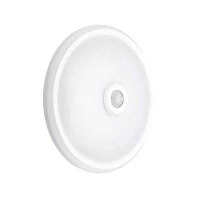 Rund, hvid V-TAC LED-sensorlampe på 12 W med Cree-chip og en PIR-bevægelsessensor i midten.
