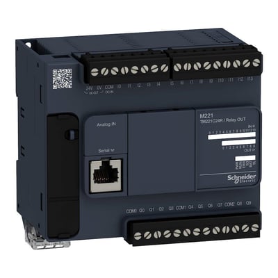 Schneider Electric Modicon M221 TM221C24R/Relay PLC med 14 digitale indgange, 2 analoge indgange og 10 relæudgange, med 230V forsyning.
