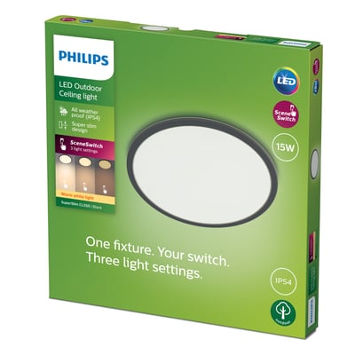 Philips Superslim LED Outdoor Ceiling light i sort emballage med LED, Sceneswitch og 15W angivet.