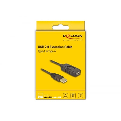 Emballagen til DeLock aktivt USB 2.0-forlængerkabel på 10 meter viser kablets USB-A-han- og hunstik.