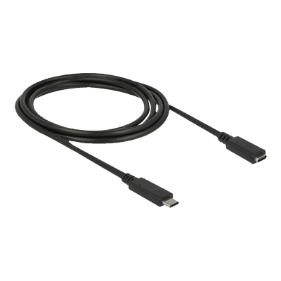 Delock USB-forlængerkabel på 2 meter, USB 3.2 Gen 1, sort og rullet sammen med USB-C-han- og hunstik.