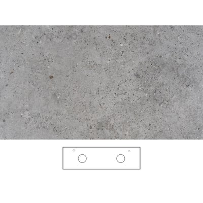 Svedbergs grå Kalk-bordplade på 161 x 46 cm med spættet overflade og skitse af dobbelt udskæring og armaturhuller.