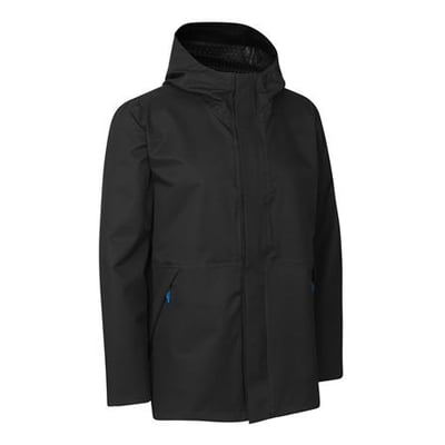 Sort ID Identity regnjakke i størrelse S med hætte og YKK lynlåse, fremstillet i twill med stretch.
