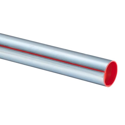 Viega Prestabo rør, 28 x 1,5 mm, forzinket stål med rød markering på et lukket endestykke.