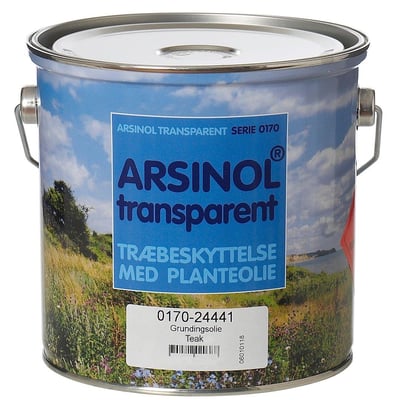Nærbillede af ARSINOL transparent teak 2,5 liters spand, der viser etiketten med produktinformation og stregkode.