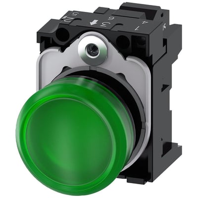 Siemens 22mm signallampe i grøn med glat plastiklinse, vist med detaljer af monteringsmekanisme og terminaler.