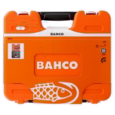 Bahco topnøglesæt S410 med 41 dele, 1/4" og 1/2" størrelser, i orange og sort plastkuffert med håndtag og logo.