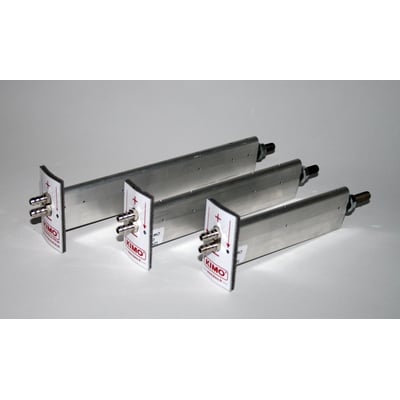 Tre debimåleblade i aluminium med KIMO logo, beregnet til 250mm kanal og monteringsdetaljer.