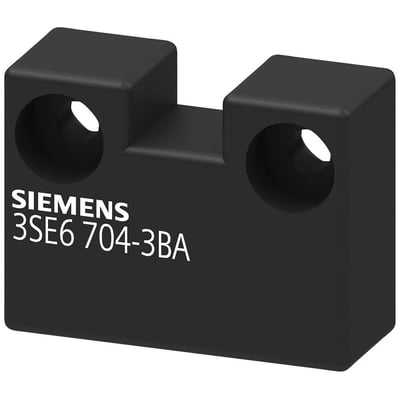Siemens 3SE6704-3BA solenoide sikkerhedsendestop i sort plast med to monteringshuller og synligt logo.