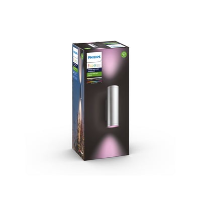 Emballagen til Philips Hue Appear udendørs væglampe i børstet aluminium viser den cylindriske lampe med farvet lys.