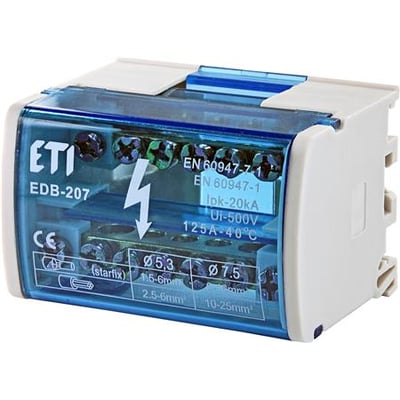 ETI EDB-207 2-polet distributionsblok på 125A med mærket CE, forberedt til TH35 skinne montering.