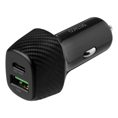 Sort Deltaco-billader med USB-C- og USB-A-port, begge mærket 18 W, og en samlet effekt på 36 W.