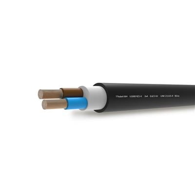 Kabel 2x4 RZ1-K flex i sort med afisolerede ender, der viser blå og brun leder. Kablet er angivet med B2ca CPR-klasse og 0,6/1 kV mærkespænding.