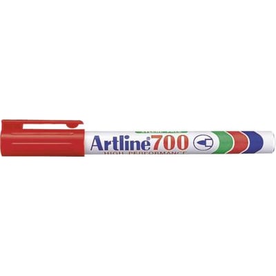 Artline 700 tusch i rød med 0,7 mm stregbredde, 'High Performance' mærkat og farvede bølger.