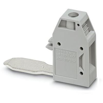 Phoenix Contact AGK 10-UKH 95 afgreningsklemme i grå plast med skruetilslutning og synlig mærkning på en hvid baggrund.