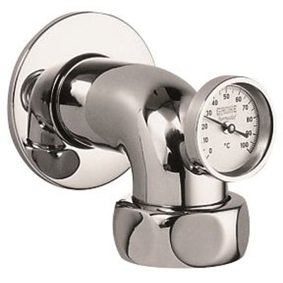 Detaljebillede af Grohe Lahr afgangsbøjning med integreret termometer og detaljeret syn på kromfinishen.