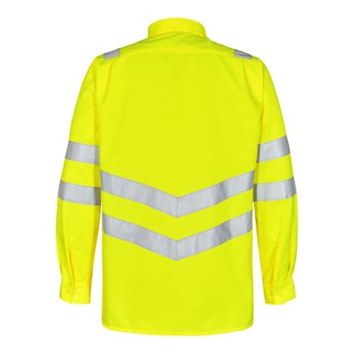Bagsiden af en gul Engel skjorte i størrelse 37/38 med reflekser på ærmer og ryg i chevronmønster.
