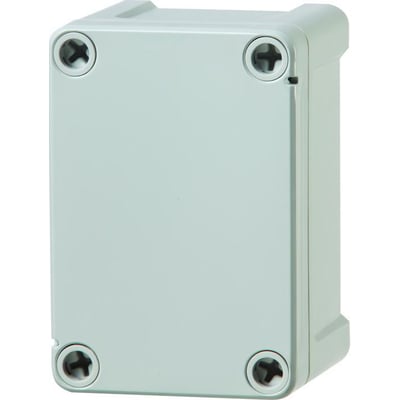 Lukket Fibox Tempo kasse TPC 111107 110x110x60mm i RAL 7035 lysegrå, med synlige skruehuller til montering.