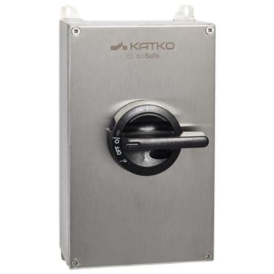 KATKO Ker 380 IP69K RA4-isolator i rustfrit stål med rektangulært kabinet og sort drejegreb set forfra.