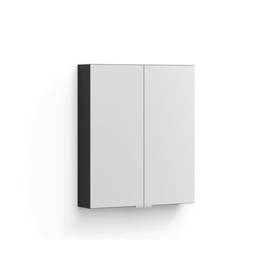 Svedbergs Intro spejlskab i granitgrå, 60 x 70 x 13,5 cm, set skråt forfra med to spejllåger.