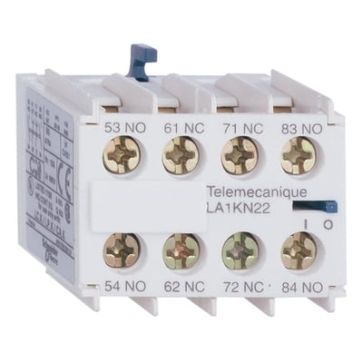 Tilbudsbillede af en hvid Schneider Electric hjælpeblok LA1KN22, med mærkningerne 53NO, 61NC, 71NC, 83NO på den øverste række og 54NO, 62NC, 72NC, 84NO på den nederste.