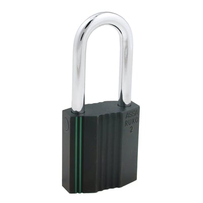 Ruko hængelås Type 2 RD2643 fra Assa Abloy med sort, riflet låsehus og blank, buet stålbøjle.