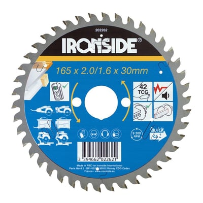 Ironside rundsavklinge til aluminium med 42 tænder og blå mærkning på midten, set forfra. Diameteren er 165 mm.