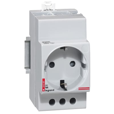 Legrand stikdåse 2P+J Schuko til montering på DIN-skinne, 10/16A - 250V, hvid.
