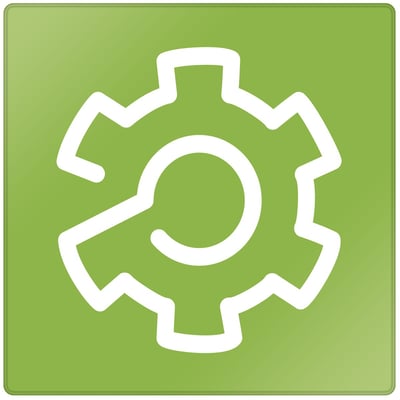 SoMachine V4.3 programmeringssoftware ikon fra Schneider Electric med et tandhjul og en forstørrelsesglasgrafik på en grøn baggrund.