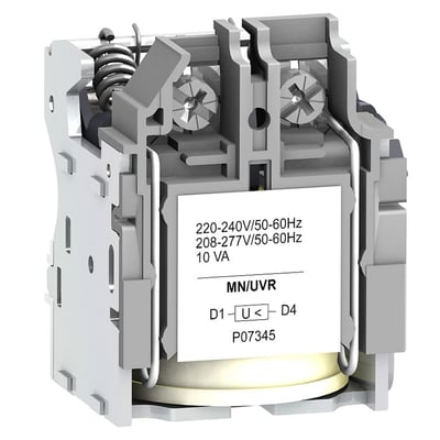 Detaljeret vinkel af Schneider Electric MN/UVR spole, der viser interne komponenter og label med spændingsspecifikationer.