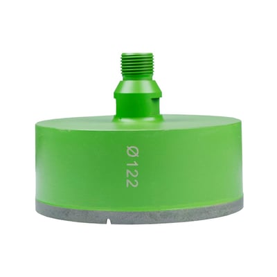 Eibenstock flisehulbor med 1/2" gevind og 122mm diameter, fremstillet af grønt metal med en diamantkant.