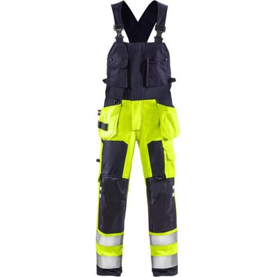 Kansas Flamestat Hi-Vis overalls i gul og marineblå med CORDURA-forstærkning på knæene og refleksstriber.