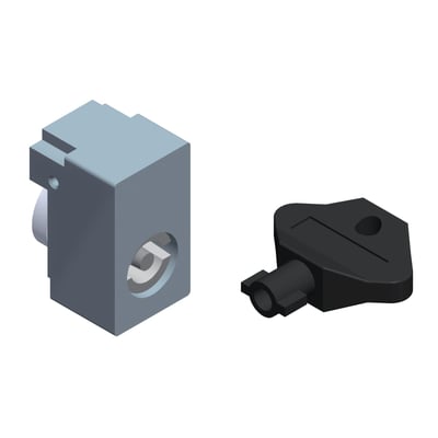 Schneider Electric lås til adapter med 3 mm dobbelt tape og tilhørende sort nøgle, vist på hvid baggrund.