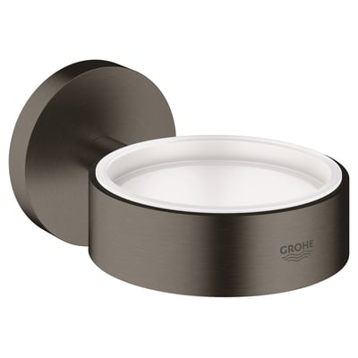 Grohe Essentials holder i børstet hard graphite til glas eller sæbe, med synligt Grohe logo.