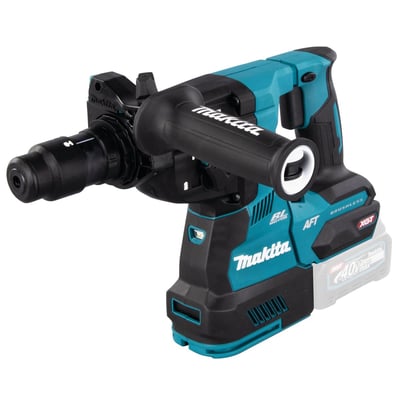 Makita 40V bore-/mejselhammer i turkis og sort, med SDS-Plus chuck og et 40V XGT batteri på hvid baggrund.
