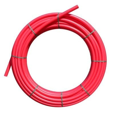 Uponor rødt PE-kabelrør, 40 x 2,5 mm og 100 meter, ligger sammenrullet med den glatte rørside synlig.