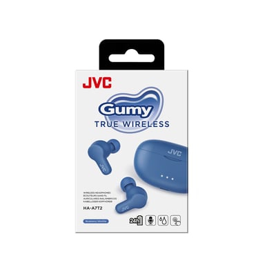JVC Gumy True Wireless in-ear høretelefoner i blå farve præsenteret i original emballage, model HA-A7T.