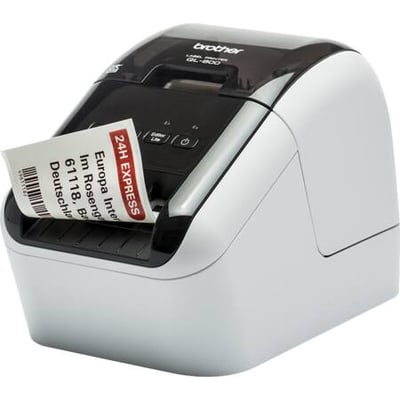 Brother Labelprinter QL-800 udskriver en label med '24H EXPRESS' og adresseinformation i sort og rød.